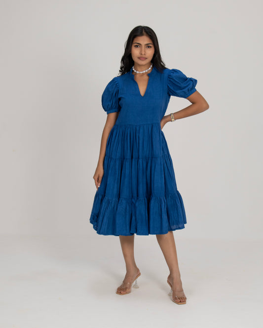 Midnight Mykonos Cobalt Blue Tiered Puff Sleeve V-Neck Maxi Dress for Women