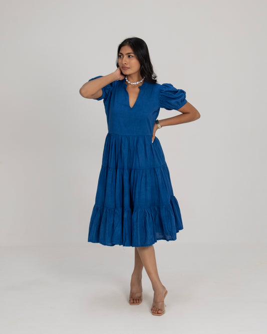 Midnight Mykonos Cobalt Blue Tiered Puff Sleeve V-Neck Maxi Dress for Women