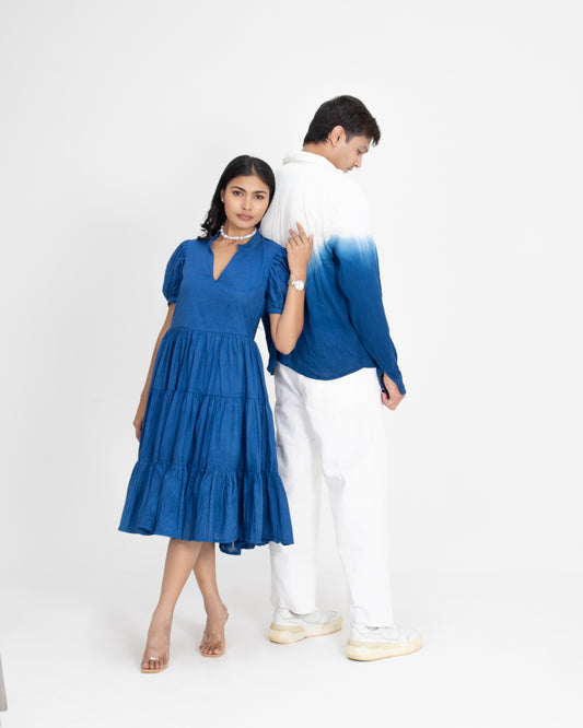 Midnight Mykonos Tiered Puff Sleeve Cobalt Blue Maxi Dress for Women + Sunday Blues Ivory to Ocean Blue Ombre Crinkled Cotton Shirt for Men