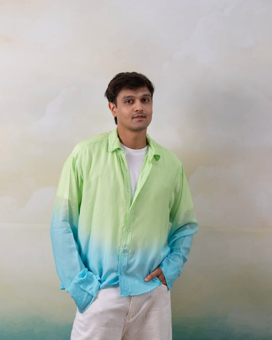 Lime Lush One-Shoulder Puff Sleeve Tiered Maxi Dress + Electric Lagoon Mint to Aqua Ombré Oversized Shirt (Couple Set)