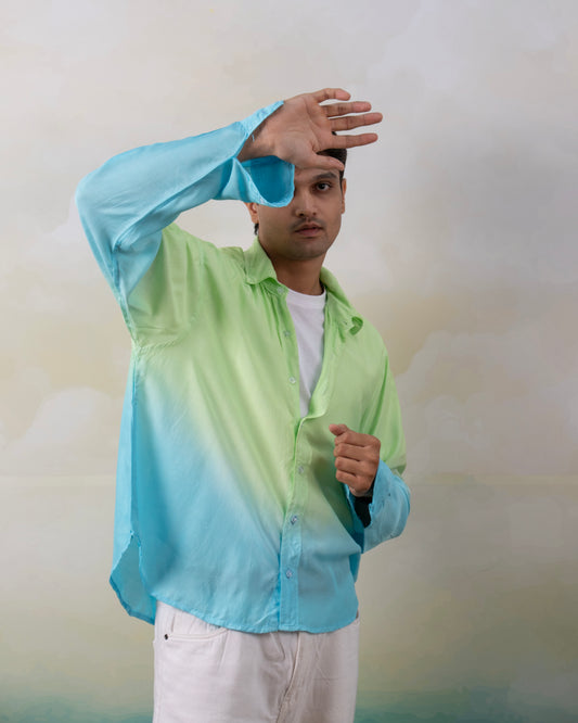 Electric Blue Lagoon Mint Green & Aqua Blue Oversized Ombre Summer Resort Wear Shirt for Men