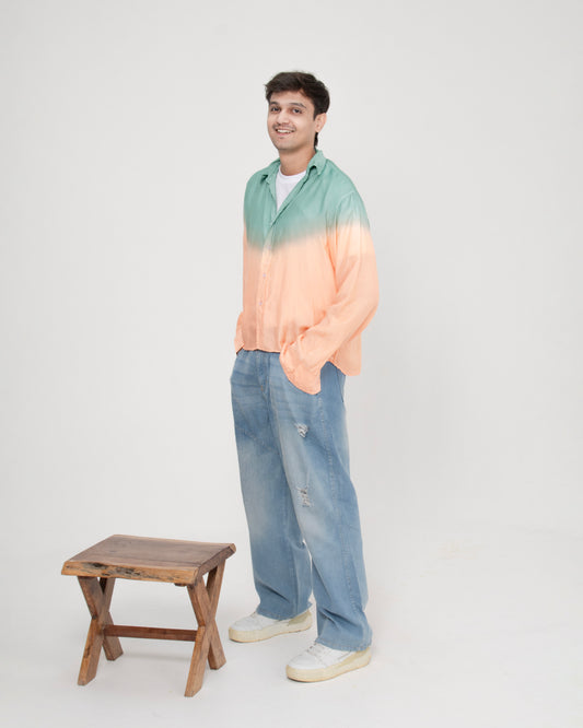 Watermelon Musk Shirt Mint Green & Aqua Blue Oversized Ombre Summer Resort Wear Shirt for Men