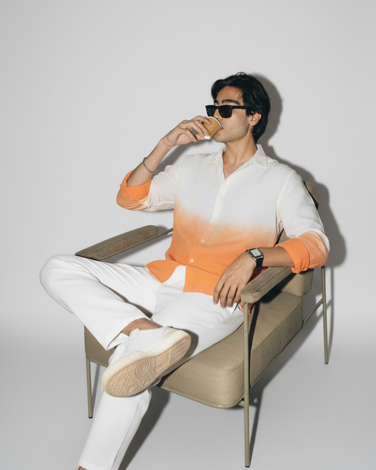 Golden Hour – Ivory to Orange Ombré Long Sleeve Textured Cotton Shirt for Men