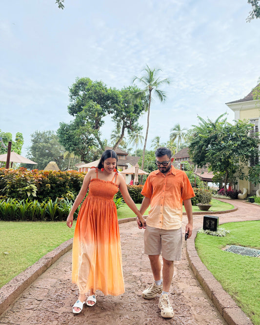Sunset Dune Smocked Maxi Dress for Women + Ombré Cotton Shirt for Men