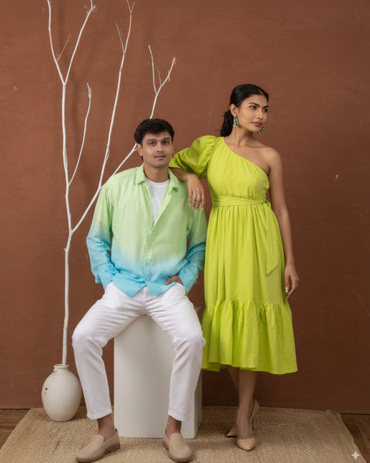 Lime Lush One-Shoulder Puff Sleeve Tiered Maxi Dress + Electric Lagoon Mint to Aqua Ombré Oversized Shirt (Couple Set)
