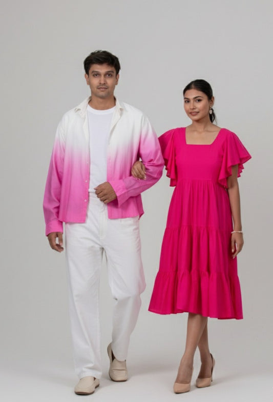Flamingo Hour Ruffle Sleeves Tiered Maxi Dress + Blossom’s Blush Ombré Cotton Shirt