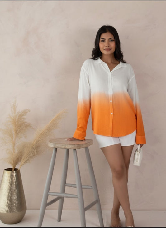 Golden Hour – Ivory to Orange Ombré Long Sleeve Cotton Shirt for Women